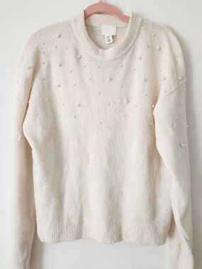 H&M Cream Crewneck Sweater with Pearl Accents